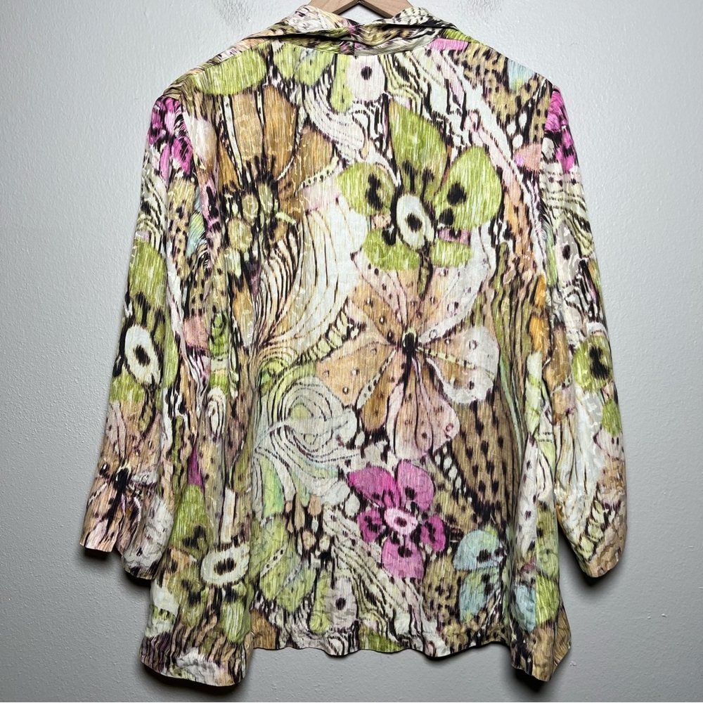 Chico's Women 100% Silk Cardigan Top Large Watercolor Floral Jacquard Open Front - Picture 7 of 8